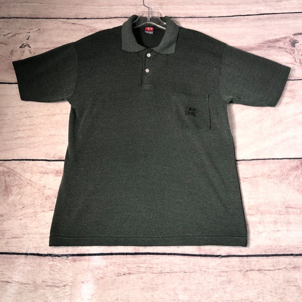 Diesel Polo Shirt Mens L Dark Green Short Sleeve Logo Pocket Textured Preppy Y2k